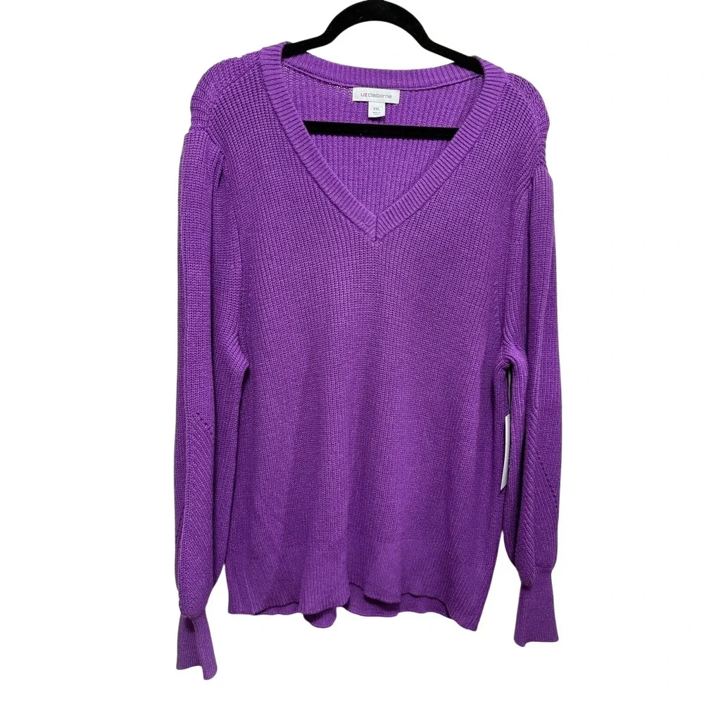 Liz Claiborne Womens XXL Bright Violet Ribbed V-Neck Puff Sleeve Sweater‎ NWT